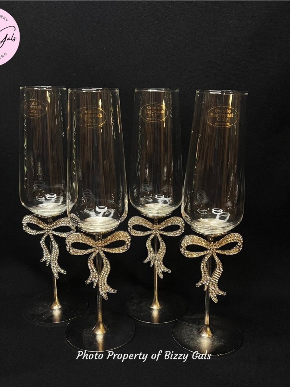 4 Silver Bow Rhinestone Bling Champagne Glass Flute